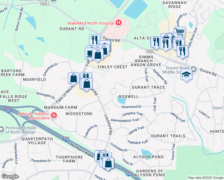 map of restaurants, bars, coffee shops, grocery stores, and more near 2407 Deanwood Drive in Raleigh