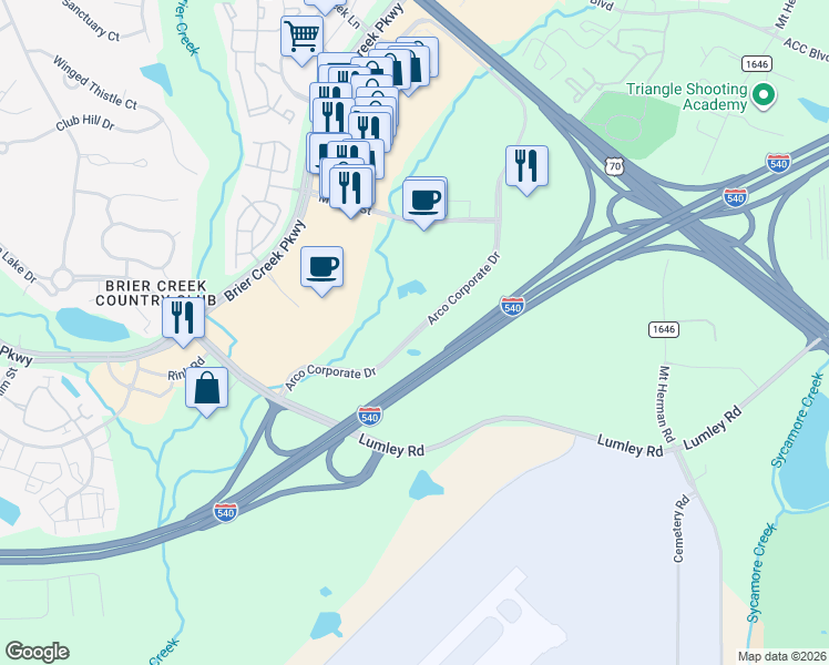 map of restaurants, bars, coffee shops, grocery stores, and more near 8150 Arco Corporate Drive in Raleigh