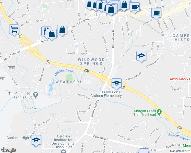 map of restaurants, bars, coffee shops, grocery stores, and more near 122 Chaucer Court in Carrboro