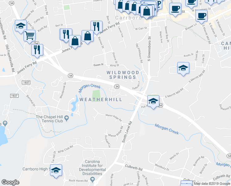 map of restaurants, bars, coffee shops, grocery stores, and more near 108 Friar Lane in Carrboro