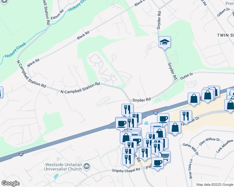 map of restaurants, bars, coffee shops, grocery stores, and more near 831 North Campbell Station Road in Knoxville