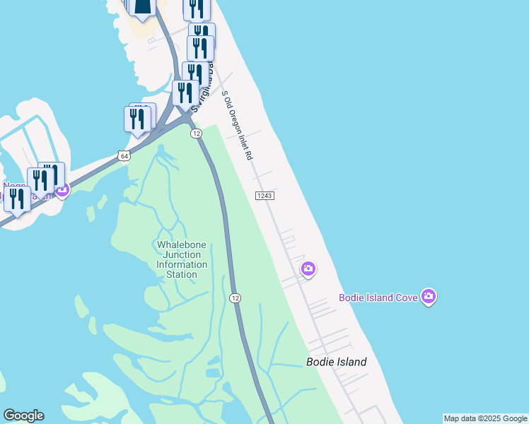 map of restaurants, bars, coffee shops, grocery stores, and more near 8228 South Old Oregon Inlet Road in Nags Head