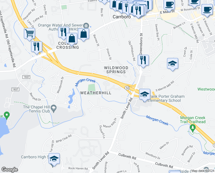 map of restaurants, bars, coffee shops, grocery stores, and more near 145 Coleridge Court in Carrboro