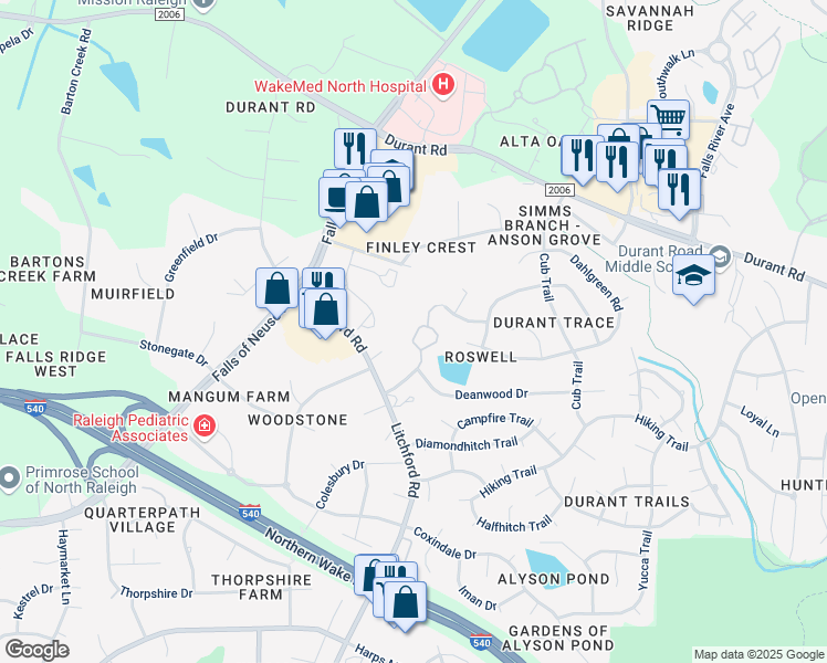 map of restaurants, bars, coffee shops, grocery stores, and more near 2521 Batterhayes Road in Raleigh