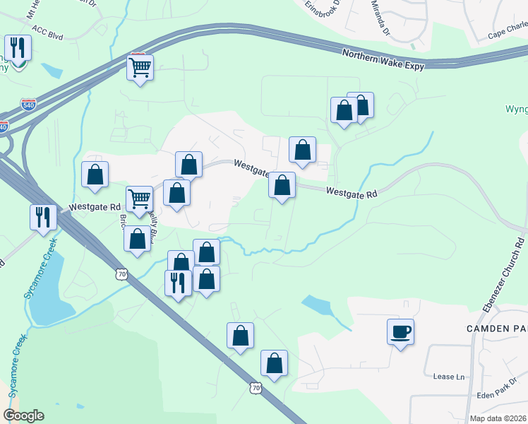 map of restaurants, bars, coffee shops, grocery stores, and more near State Road 3535 in Raleigh