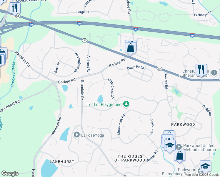 map of restaurants, bars, coffee shops, grocery stores, and more near 1226 Little Creek Road in Durham