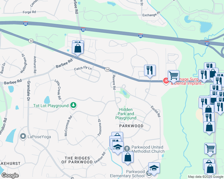 map of restaurants, bars, coffee shops, grocery stores, and more near 4702 Revere Road in Durham