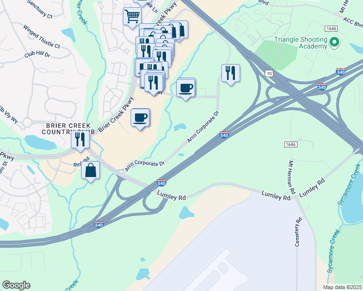 map of restaurants, bars, coffee shops, grocery stores, and more near 8150 Arco Corporate Drive in Raleigh
