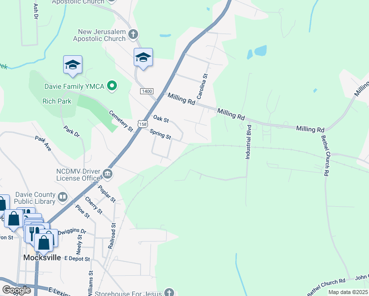 map of restaurants, bars, coffee shops, grocery stores, and more near 120 Millwright Court in Mocksville