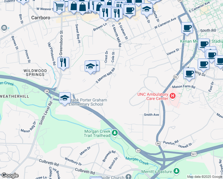 map of restaurants, bars, coffee shops, grocery stores, and more near 829 Edwards Street in Chapel Hill