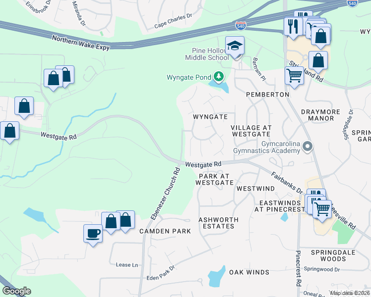 map of restaurants, bars, coffee shops, grocery stores, and more near 8732 Springhouse Lane in Raleigh