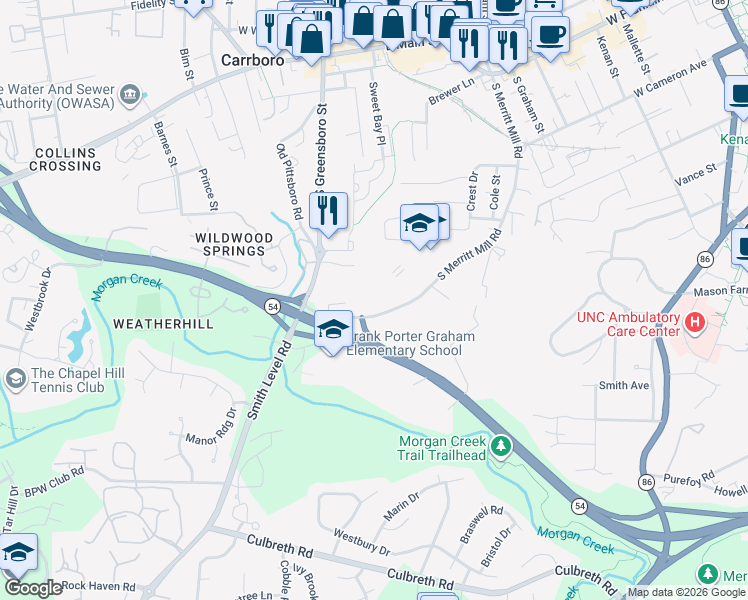 map of restaurants, bars, coffee shops, grocery stores, and more near 515 South Greensboro Street in Carrboro