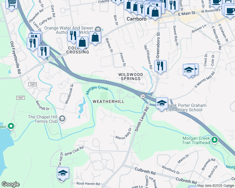 map of restaurants, bars, coffee shops, grocery stores, and more near 118 Marlowe Court in Carrboro