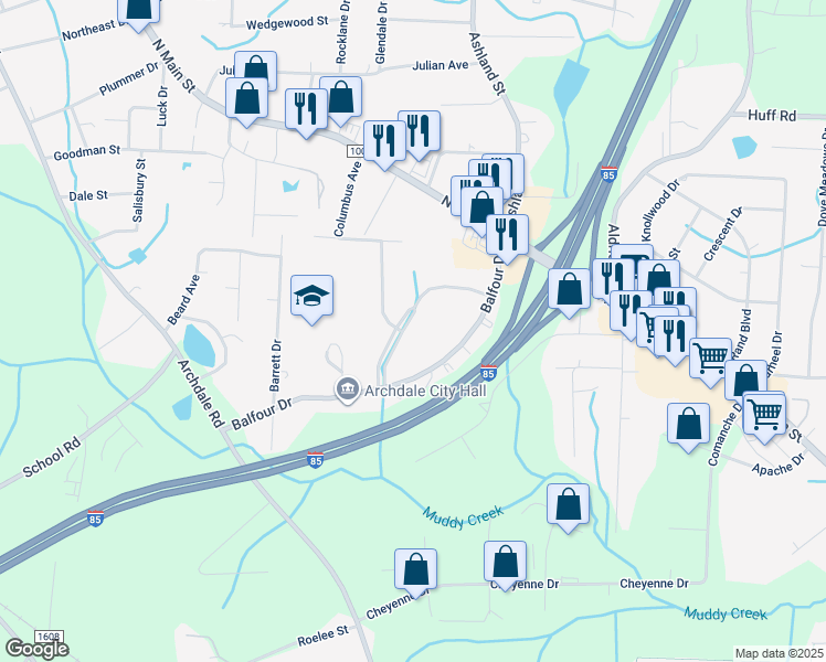 map of restaurants, bars, coffee shops, grocery stores, and more near 121 Brookhollow Lane in Archdale