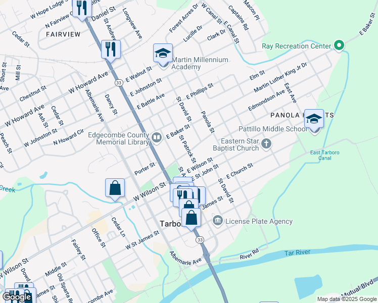 map of restaurants, bars, coffee shops, grocery stores, and more near Saint Patrick Street in Tarboro