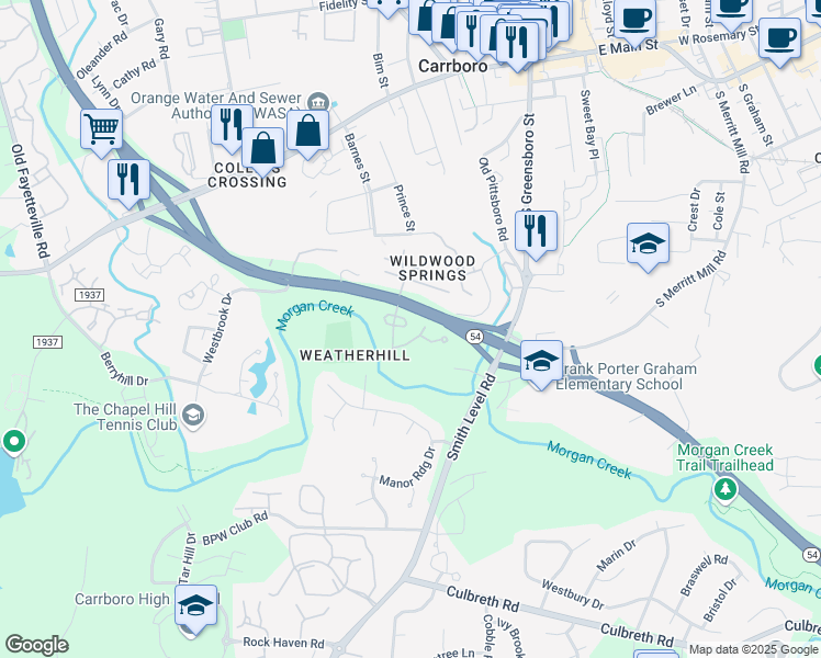 map of restaurants, bars, coffee shops, grocery stores, and more near 131 Coleridge Court in Carrboro