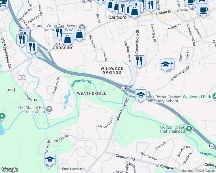 map of restaurants, bars, coffee shops, grocery stores, and more near in Carrboro