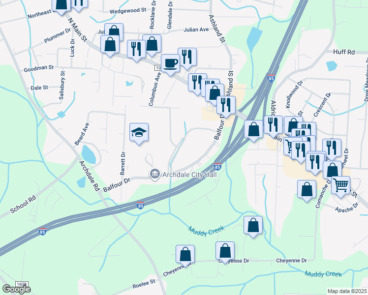 map of restaurants, bars, coffee shops, grocery stores, and more near 121 Brookhollow Lane in Archdale