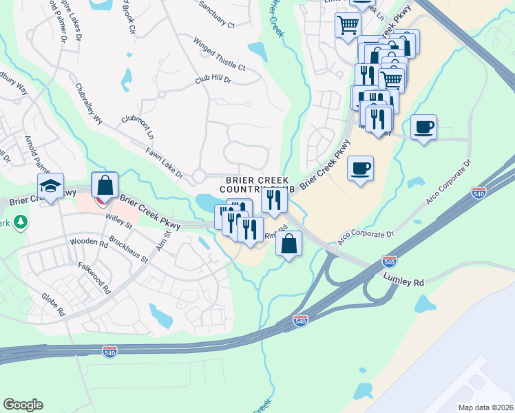 map of restaurants, bars, coffee shops, grocery stores, and more near 10400 Rosegate Court in Raleigh