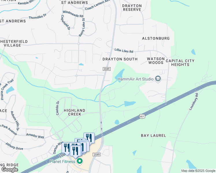 map of restaurants, bars, coffee shops, grocery stores, and more near 2629 Forestville Road in Wake Forest