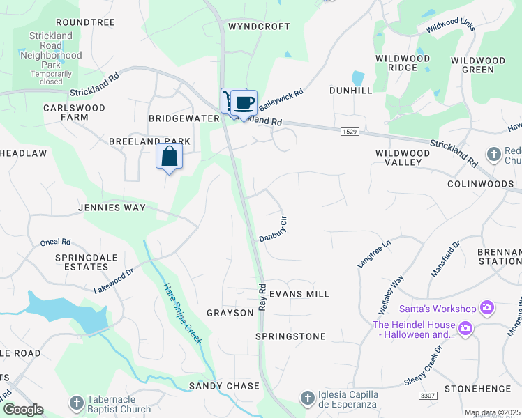 map of restaurants, bars, coffee shops, grocery stores, and more near 3804 Hampstead Court in Raleigh
