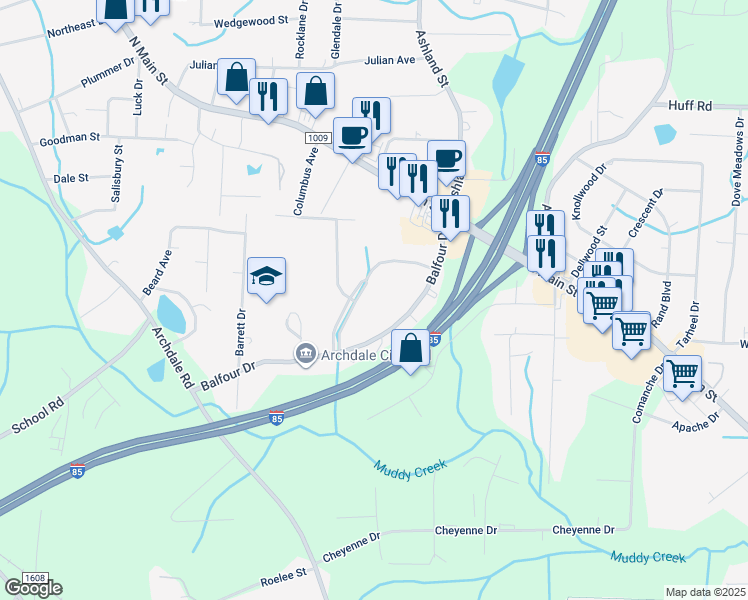 map of restaurants, bars, coffee shops, grocery stores, and more near 119 Brookhollow Lane in Archdale