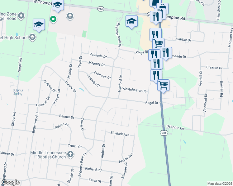 map of restaurants, bars, coffee shops, grocery stores, and more near 3023 Hartford Drive in Murfreesboro