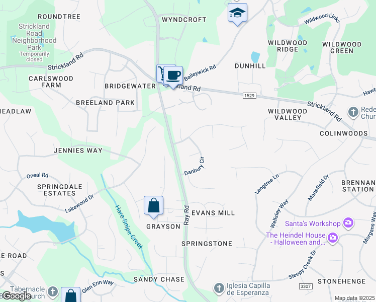 map of restaurants, bars, coffee shops, grocery stores, and more near 3804 Hampstead Court in Raleigh
