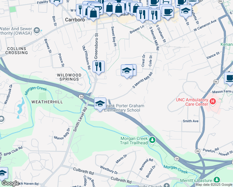 map of restaurants, bars, coffee shops, grocery stores, and more near 515 South Greensboro Street in Carrboro