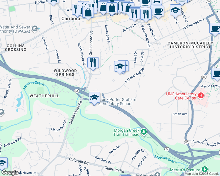 map of restaurants, bars, coffee shops, grocery stores, and more near 800 South Merritt Mill Road in Chapel Hill
