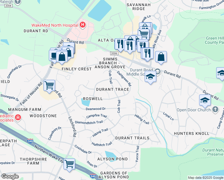 map of restaurants, bars, coffee shops, grocery stores, and more near 9117 Cub Trail in Raleigh