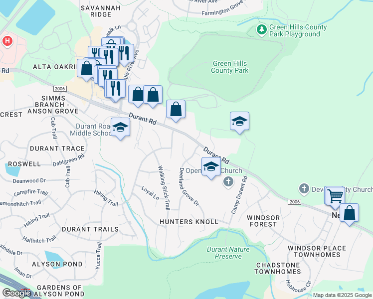 map of restaurants, bars, coffee shops, grocery stores, and more near 3517 Spring Willow Place in Raleigh