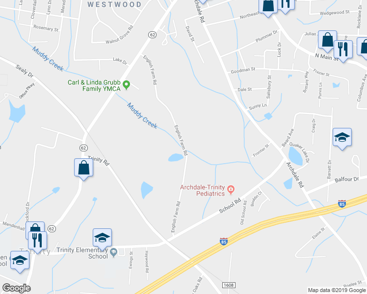 map of restaurants, bars, coffee shops, grocery stores, and more near 505 English Farm Road in Trinity