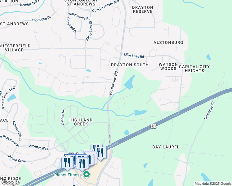 map of restaurants, bars, coffee shops, grocery stores, and more near 2629 Forestville Road in Wake Forest