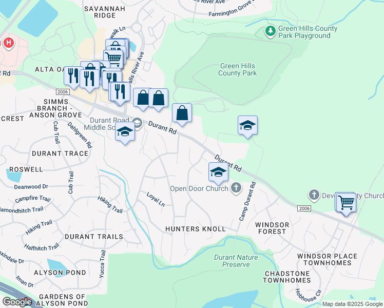 map of restaurants, bars, coffee shops, grocery stores, and more near 3517 Spring Willow Place in Raleigh