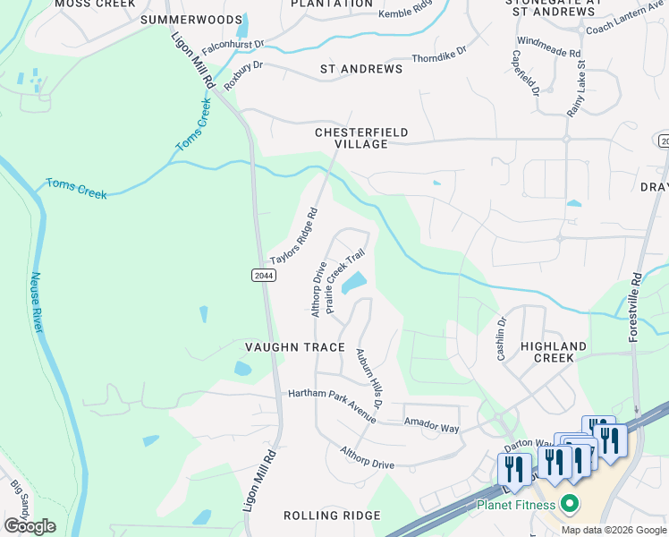 map of restaurants, bars, coffee shops, grocery stores, and more near 8016 Matinvesi Street in Raleigh