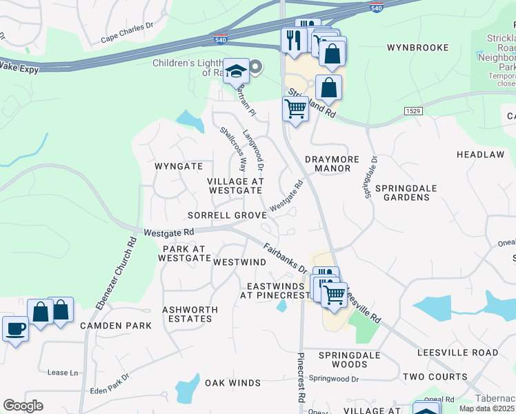 map of restaurants, bars, coffee shops, grocery stores, and more near 9000 Shallcross Way in Raleigh
