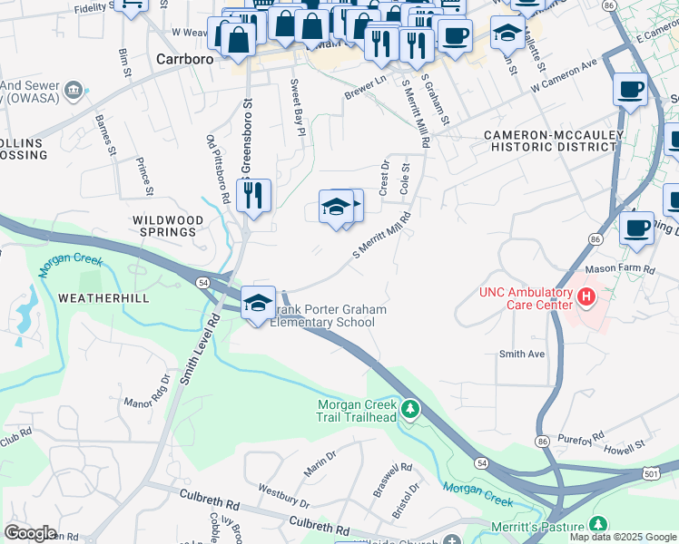 map of restaurants, bars, coffee shops, grocery stores, and more near in Chapel Hill