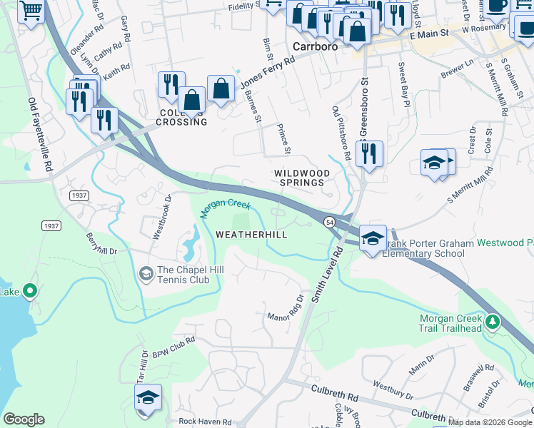 map of restaurants, bars, coffee shops, grocery stores, and more near 118 Marlowe Court in Carrboro