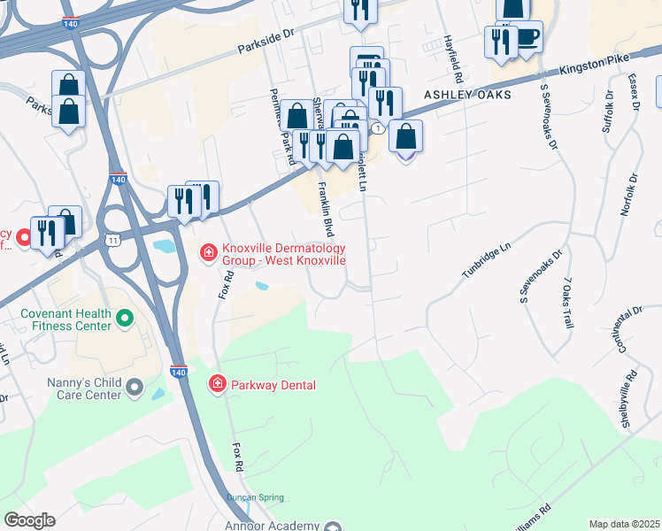map of restaurants, bars, coffee shops, grocery stores, and more near 9732 Franklin Hill Boulevard in Knoxville