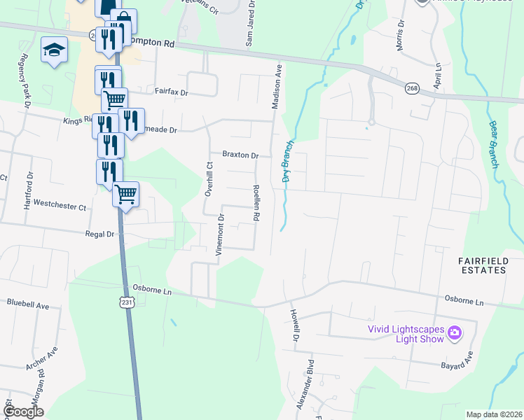 map of restaurants, bars, coffee shops, grocery stores, and more near 2945 Madison Avenue in Murfreesboro