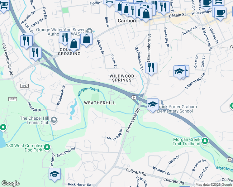 map of restaurants, bars, coffee shops, grocery stores, and more near 123 Coleridge Court in Carrboro