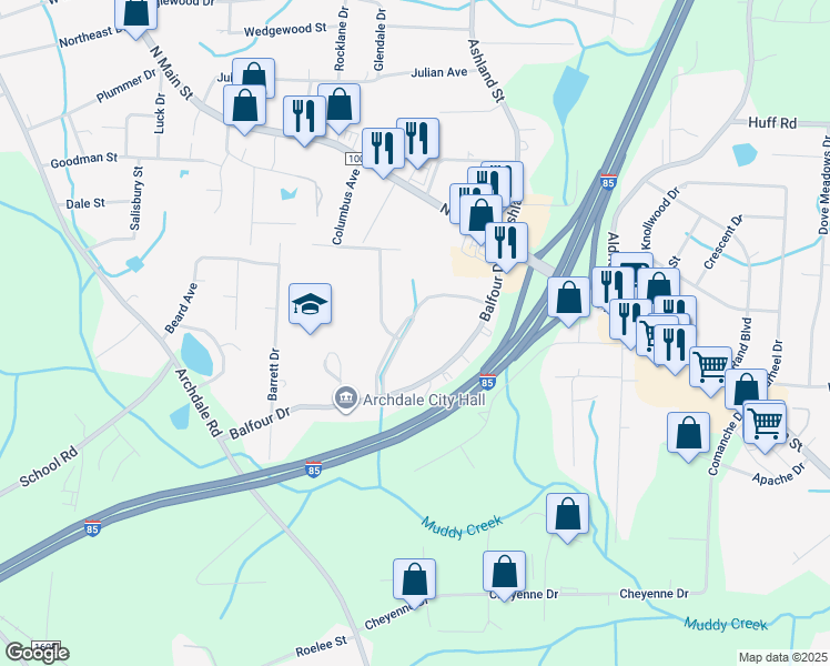 map of restaurants, bars, coffee shops, grocery stores, and more near 119 Brookhollow Lane in Archdale