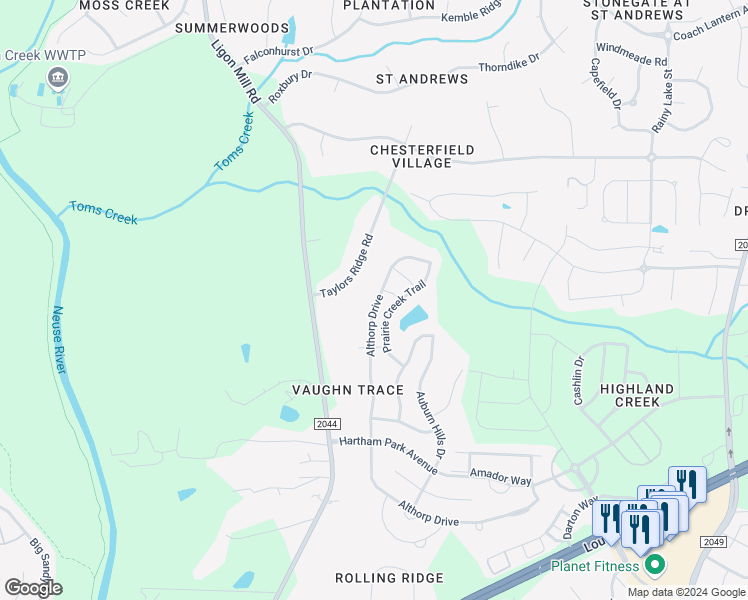 map of restaurants, bars, coffee shops, grocery stores, and more near 3440 Althorp Drive in Raleigh