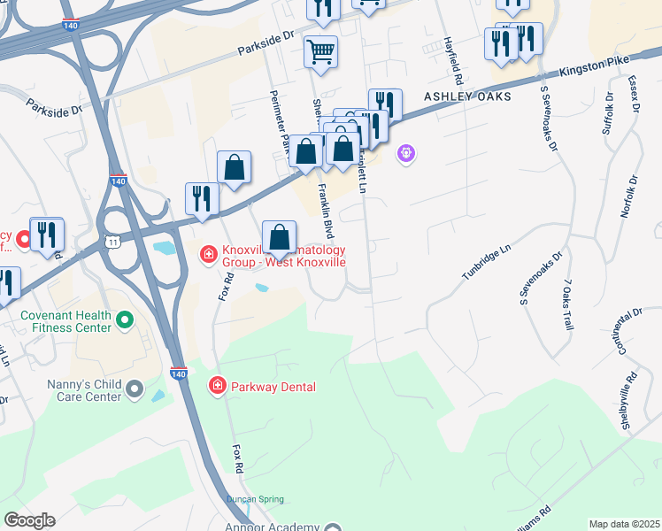 map of restaurants, bars, coffee shops, grocery stores, and more near 9732 Franklin Hill Boulevard in Knoxville