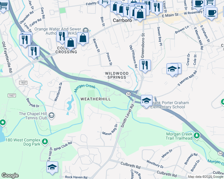 map of restaurants, bars, coffee shops, grocery stores, and more near 121 Coleridge Court in Carrboro