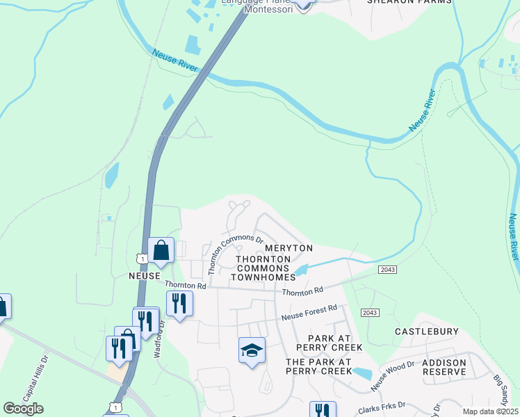 map of restaurants, bars, coffee shops, grocery stores, and more near 5392 Meryton Park Way in Raleigh