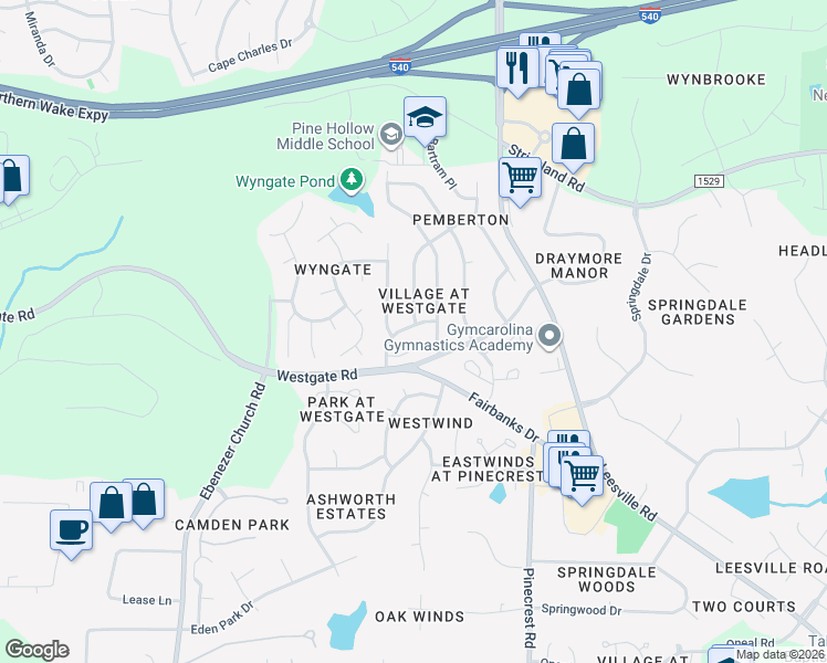 map of restaurants, bars, coffee shops, grocery stores, and more near 5504 Sorrell Crossing Drive in Raleigh