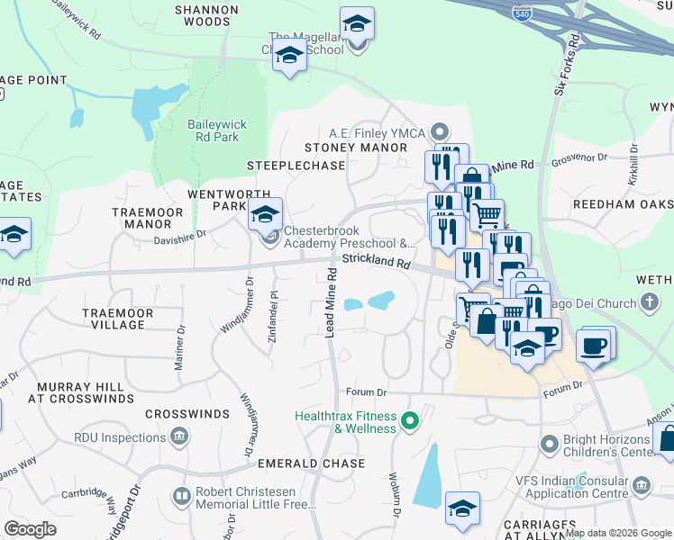map of restaurants, bars, coffee shops, grocery stores, and more near 8600 Lead Mine Road in Raleigh