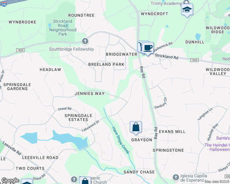 map of restaurants, bars, coffee shops, grocery stores, and more near 8408 Sawyer Drive in Raleigh